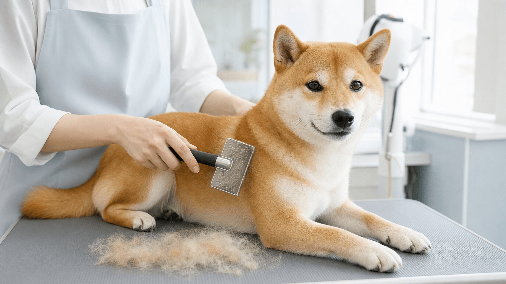 柴犬の短毛犬の抜け毛ケアをしているイメージ
